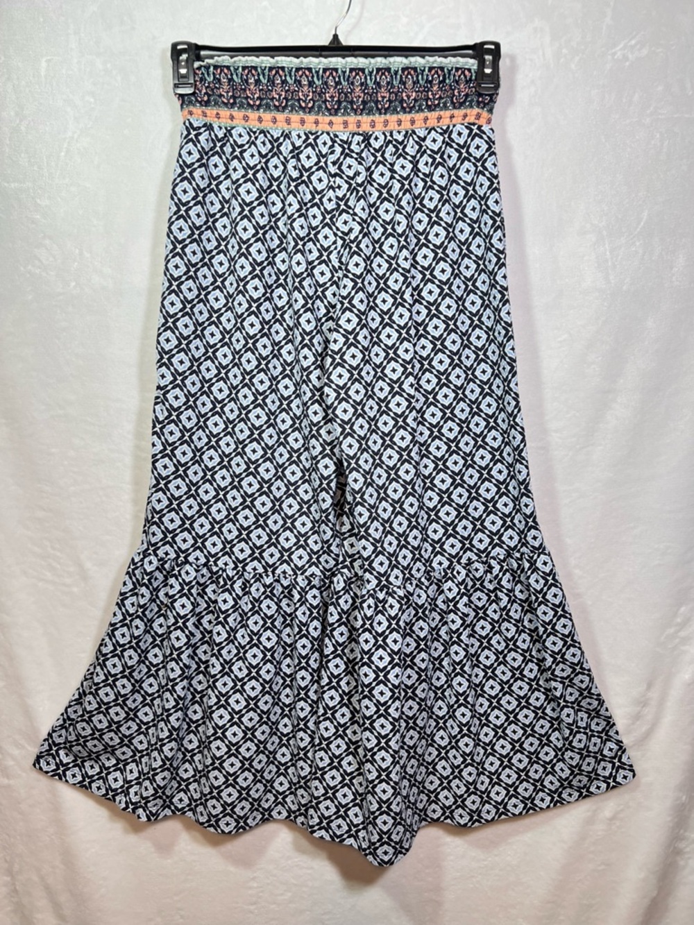 Cato Blue Black Geometric Smocked Waist Wide Leg Ruffle Pants Women L - Picture 10 of 12